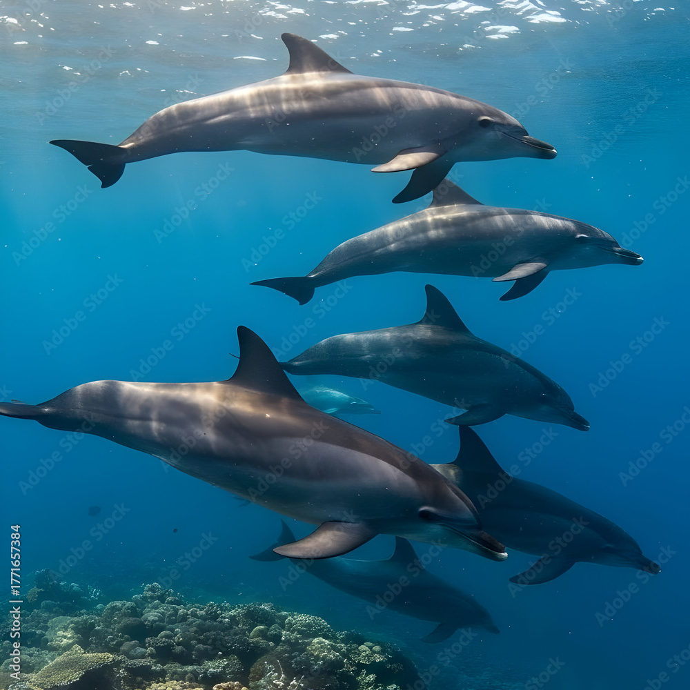 Fototapeta premium Graceful dolphins swim together in clear blue ocean water near coral reef.