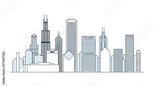 Cityscape Silhouette: An architectural line-up showcasing iconic skyscrapers and buildings. Reflecting the urban landscape and design.