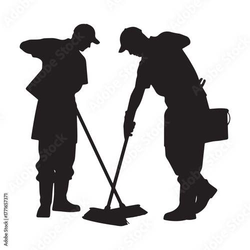  Cleaning service janitor workers silhouette white background.
