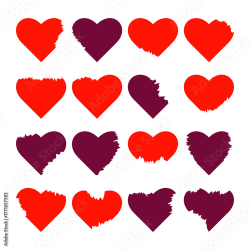 Set of ripped hearts. Torn paper hearts. Elements for cards, scrapbooking, stickers for Valentine's Day, and Singles' Day. Broken heart concept.