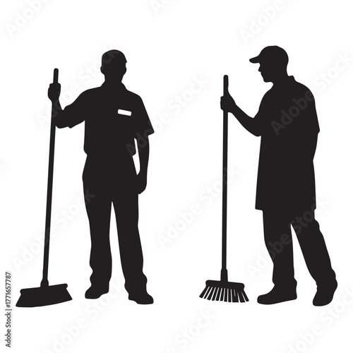  Cleaning service janitor workers silhouette white background.