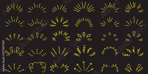 Line icon ray, confetti element set. Starburst line art with hand drawn glitter spark, pop icon shapes and surprise emphasis elements. vector set