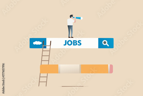 Man with telescope searches for jobs online using a ladder that crosses a cigarette symbolizing a career obstacle