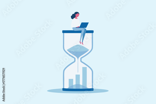Woman working on laptop on top of hourglass with growth chart inside representing time management and business success