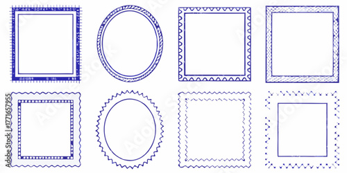 Collection of eight hand drawn blue decorative borders and frames with various patterns and shapes