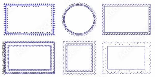 Collection of six hand drawn blue decorative borders and frames on a white background