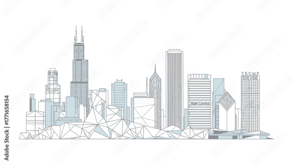 Fototapeta premium Urban Geometric Composition: A stunning line art representation of a modern city skyline, showcasing iconic skyscrapers and geometric shapes in a sleek, minimalist style.