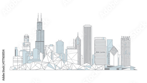Urban Geometric Composition: A stunning line art representation of a modern city skyline, showcasing iconic skyscrapers and geometric shapes in a sleek, minimalist style.