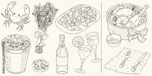 A delightful collection of celebratory food and drink items including seafood champagne and flowers
