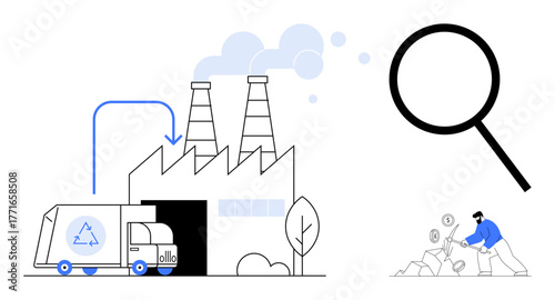Factory emitting smoke, recycling truck unloading, waste sorting worker analyzing materials, magnifying glass. Ideal for waste management, recycling, environment, sustainability, industry