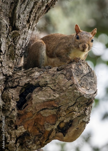 A brown squirrel is perched alertly on the rough bark of a tree, peering out from a branch as it surveys its surroundings in a natural forest setting.