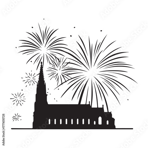 Majestic Gothic Church Silhouette Illuminated by Vibrant Fireworks in Night Sky Celebration.