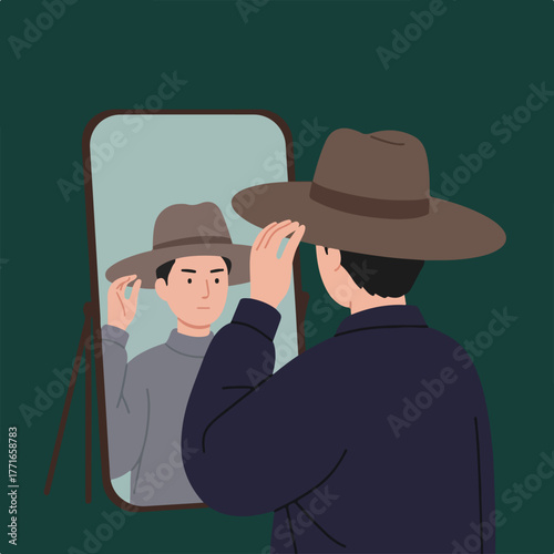 A person in a navy coat adjusts a hat while looking in a mirror. The mirrored image mirrors this action
