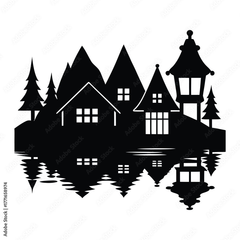 Obraz premium Traditional Village by Lake with Lantern Reflection Silhouette 