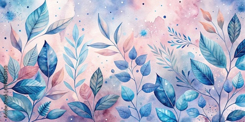 Serene Watercolor Botanical Illustration Featuring Delicate Blue and Pink Hues, Intricate Leaf Details, and a Dreamy Abstract Background