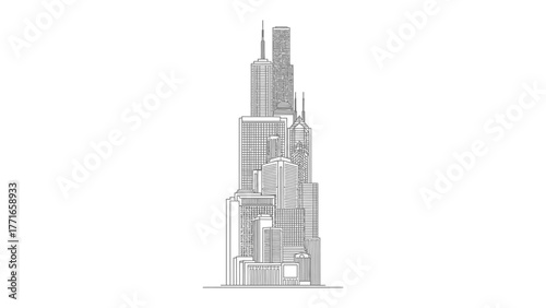 Towering Cityscape: An intricately detailed line drawing presents a majestic cityscape, showcasing the grandeur of urban architecture and the ambitious spirit of human innovation.