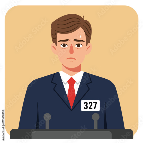 A nervous man in a suit stands behind a podium, a name tag reads "327". He looks anxious