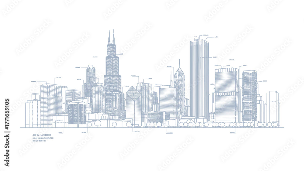 Obraz premium Chicago Cityscape Blueprint: A detailed blueprint of Chicago's iconic skyline. Capturing the essence of urban development and architectural design.