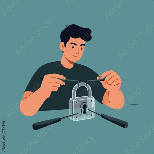 Illustration of a person unlocking a padlock. They use picks to open the lock, demonstrating security concept