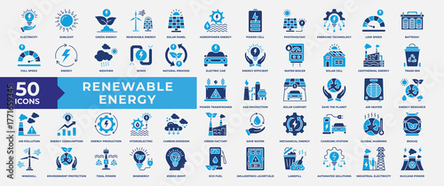 Renewable energy icon set with sunlight, energy, windmill, biofuel, electricity , biogas, green energy, hydropower, climate and solar panel. Simple Flat Vector Illustration.
