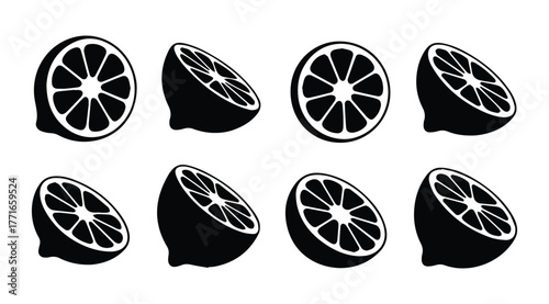 Lemon or Lime Half Slice Silhouettes Vector Icons Set