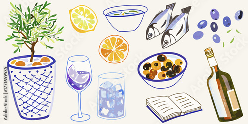 A charming watercolor illustration of mediterranean food and drink elements arranged playfully