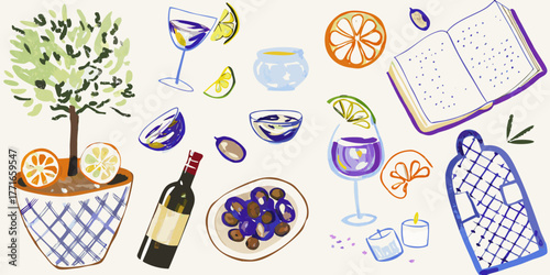A vibrant illustration of a mediterranean inspired still life with drinks fruit and a book