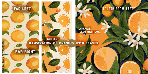 Vibrant orange fruit and blossom illustrations with leaves in a stylized pattern