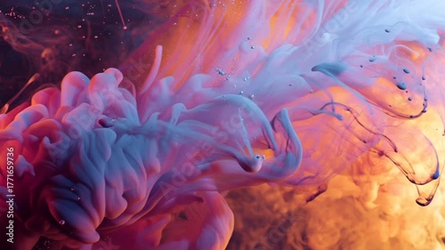 Abstract colorful ink cloud swirling in water with orange background