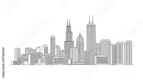 Urban Skyline Silhouette: A clean, minimalist line drawing captures the essence of a modern city skyline, showcasing a blend of architectural styles. 