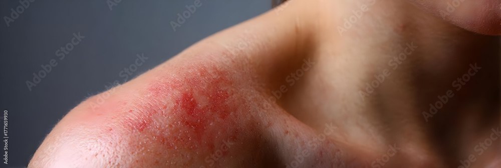 Fototapeta premium Close-up of a shoulder displaying skin irritation and redness, highlighting dermatological issues.