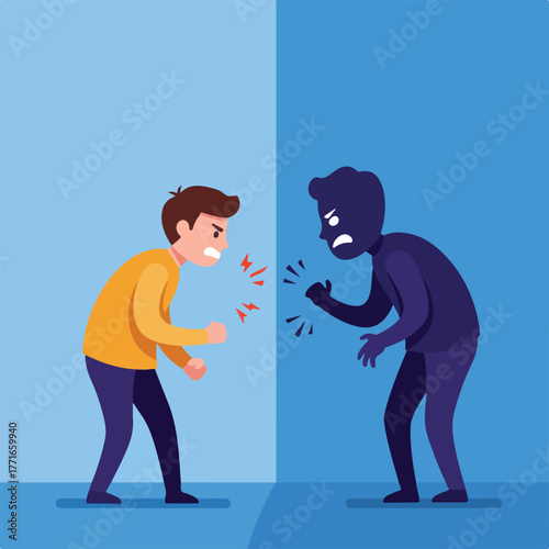 Two cartoon figures face off, one lit, one dark, in a stylized graphic of confrontation on two-toned bg