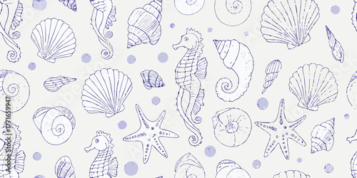 Seamless pattern of hand drawn seahorses seashells starfish and bubbles in blue ink on a light background