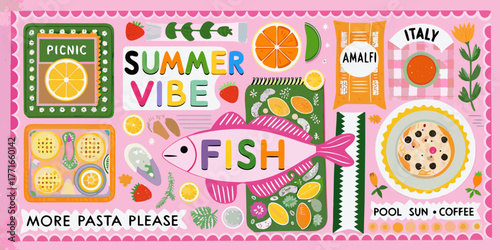 Vibrant summer picnic and italian amalfi coast food illustration with fun elements