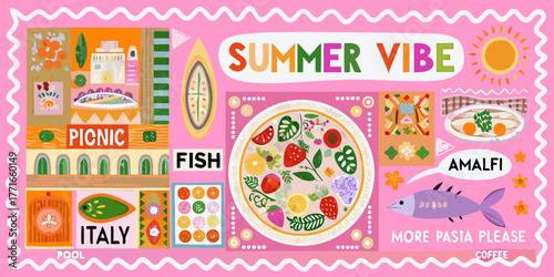Vibrant summer vibe collage featuring italian food picnic scene and coastal amalfi elements