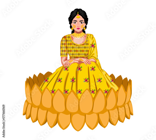 Haldi bride sitting in urli tub vector illustration