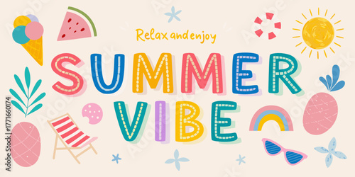 Bright and cheerful summer vibe lettering with fun vacation icons and relaxing message