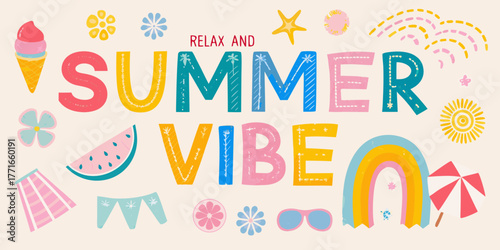 Behang Relax and summer vibe with colorful illustrations of ice cream watermelon rainbo