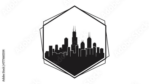 City Silhouette Emblem: An artistic rendering of a metropolitan skyline, framed within a hexagonal emblem, exuding a sense of urban elegance and architectural precision.