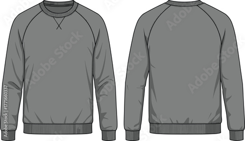 Men’s crewneck sweatshirt technical sketch, front and back view, raglan sleeves, stitched neckline detail, fashion illustration, garment design
