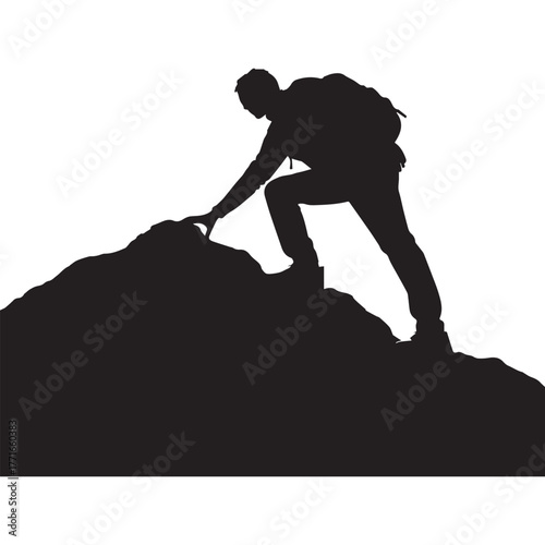 Silhouette of Determined Mountain Climber Ascending Rocky Peak with Backpack and Gear.