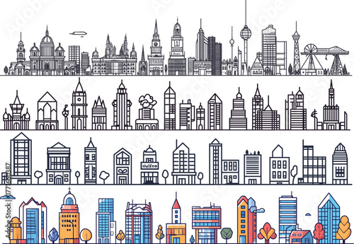 The city line drawing minima set of vector icons 