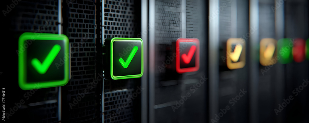 © sornram - Close-up of server panel with colored indicators representing system statuses in a data center.