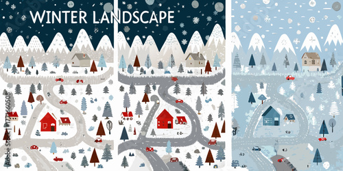Whimsical winter village scenes with snowy mountains and winding roads