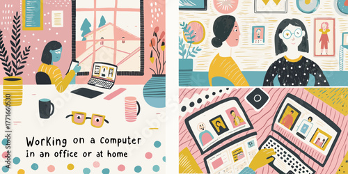 Diverse women collaborating and working remotely on laptops and phones in a cozy home office setting