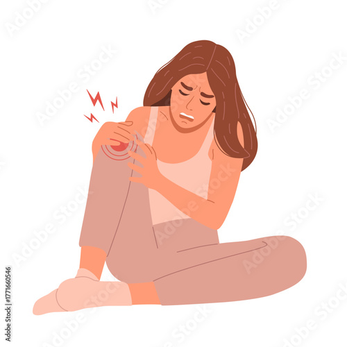 Vector woman holding her sick leg because of knee pain. Ache and inflammation in the joint as a result of arthritis or osteoporosis. Medical problem of knee injury