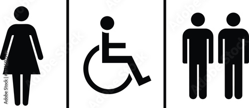 Inclusive restroom signage with male, female, disabled icons, vector illustration, public toilet symbols, accessibility design, gender-neutral washroom labels, blue background
