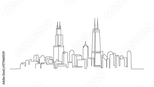 Cityscape Skyline Outline: A minimalist line drawing captures the essence of a modern urban skyline, showcasing sleek skyscrapers and architectural marvels.