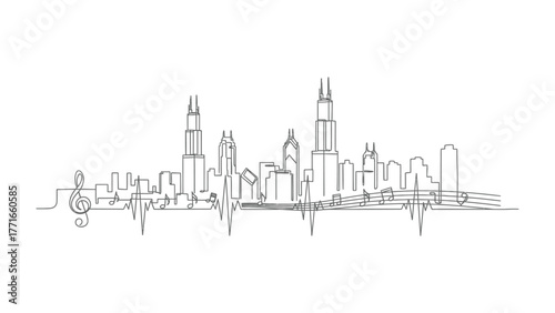 Urban Symphony: An elegant line drawing captures the vibrant essence of an iconic city skyline, intertwined with a rhythmic heartbeat, evoking the soul of an urban environment.