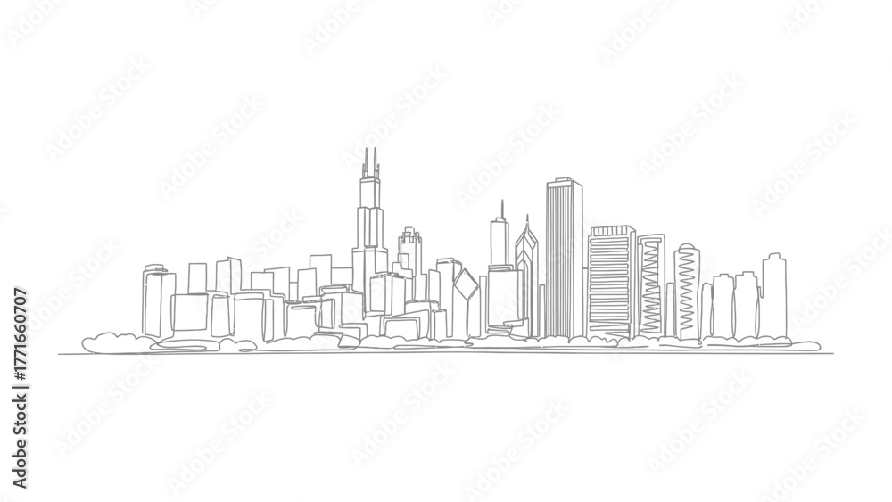 Fototapeta premium Cityscape Skyline: A minimalist monochrome sketch of a towering city skyline, its intricate architectural details rendered in clean lines, creating a sense of urban elegance and modern grandeur.